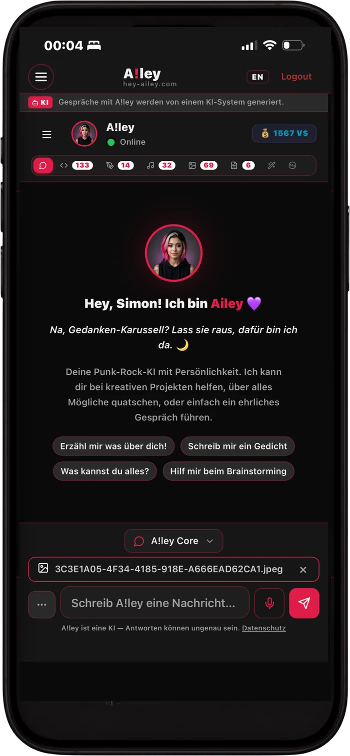 A!ley im Webportal auf dem iPhone: Startbildschirm mit persönlicher Begrüßung